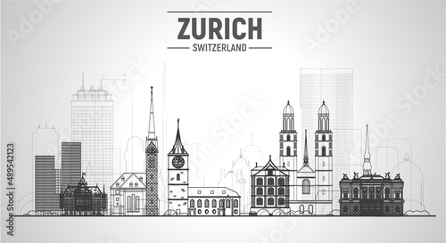 Zurich Switzerland skyline with panorama at white background. Vector Illustration. Business travel and tourism concept with modern and old buildings. Vector for presentation  banner  website.