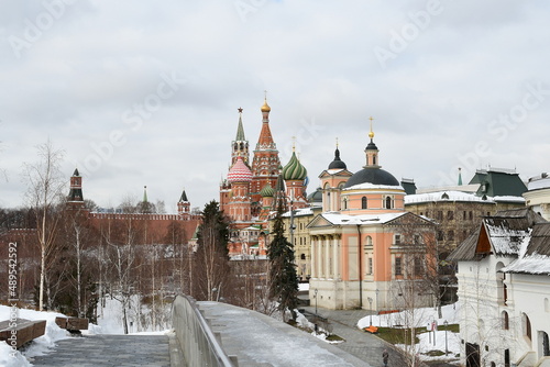 Panoramic view of the old churches and the Moscow Kremlin. Cloudy day in the city.