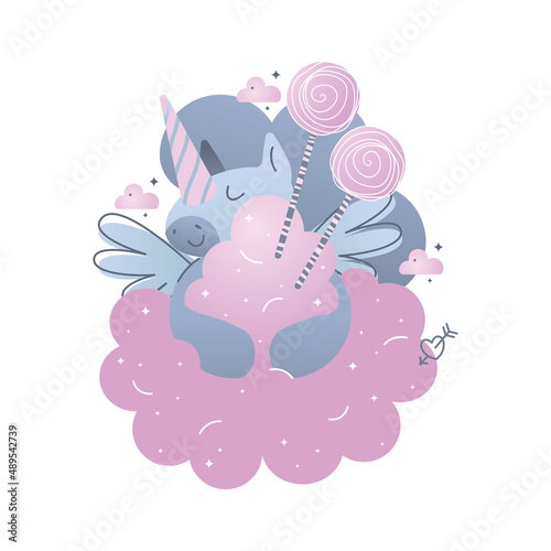 Сute unicorn on a cloud. Happy. Sweets. Flat vector illustration. Isolated.
