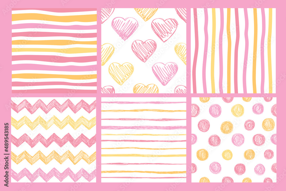 Set of seamless patterns with hearts, stripes and polka dots in pastel colors. Great for baby textiles.
Set of seamless patterns with hearts, stripes and polka dots in pastel colors. Great for baby textiles.