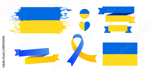 Patriotic Ukraine flag and country emblem vector icons. Ukrainian country symbols in blue yellow ua national colors on white background. vector illustration