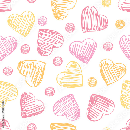 Seamless background with hearts in pink and yellow colors.