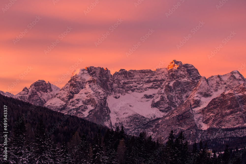 detail of pink sunrise in the dolomites