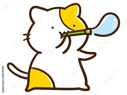シャボン玉を膨らませるかわいいねこの手書き風イラスト