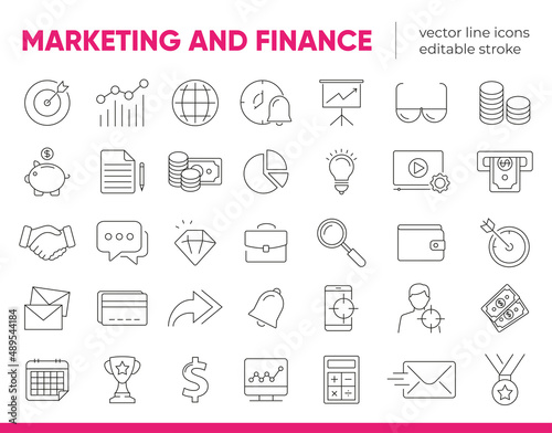 Set of marketing and finance vector line icons, signs and symbols in flat design with elements for mobile concepts and web apps. Collection of modern marketing and finance infographic and pictogram.