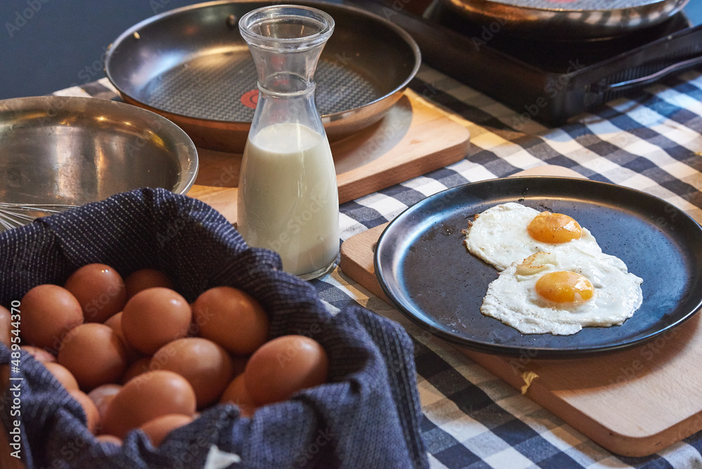 Fried eggs, milk, frying pan, kitchen table