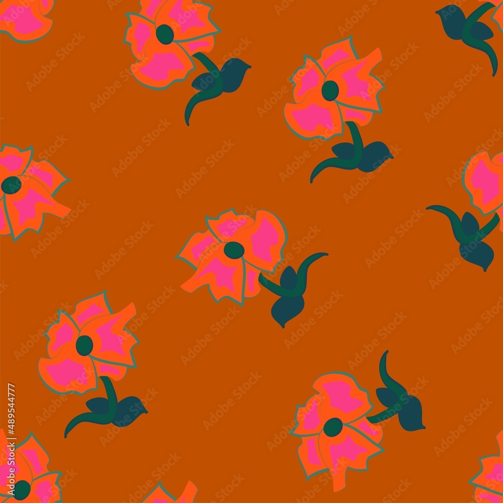 Bright pink flowers on an orange background vector repeat pattern Bright pink flowers on an orange background vector repeat pattern