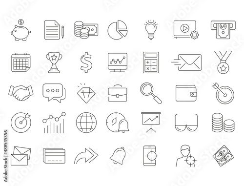 Set of marketing and finance vector line icons, signs and symbols in flat design with elements for mobile concepts and web apps. Collection of modern marketing and finance infographic and pictogram.