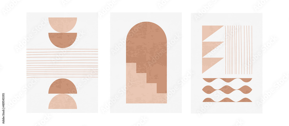 Bohemian minimal tree posters set with abstract organic shapes, geometric elements, lines and stairs vector illustration. Abstraction design for background, wallpaper, card, wall art