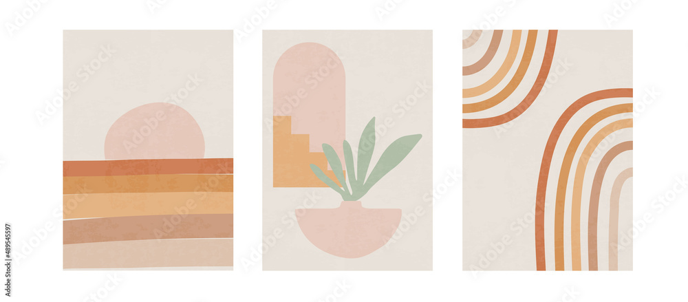 Set of three pastel posters with rainbows and abstract shapes, foliage and sea vector illustration. Minimal Nordic art print. Abstraction design for background, wallpaper, card, wall art