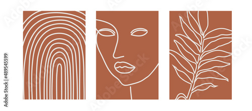 Set of three abstract minimalist posters with woman's face, leaves and rainbow. Contemporary art prints collection, vector illustration. Abstraction design for background, wallpaper, card, wall art