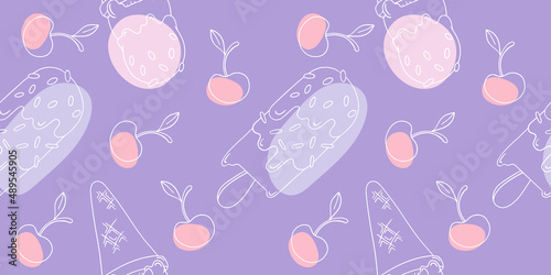 Seamless vector pattern, hand-drawn doodle style. Contours of ice cream and cherries
