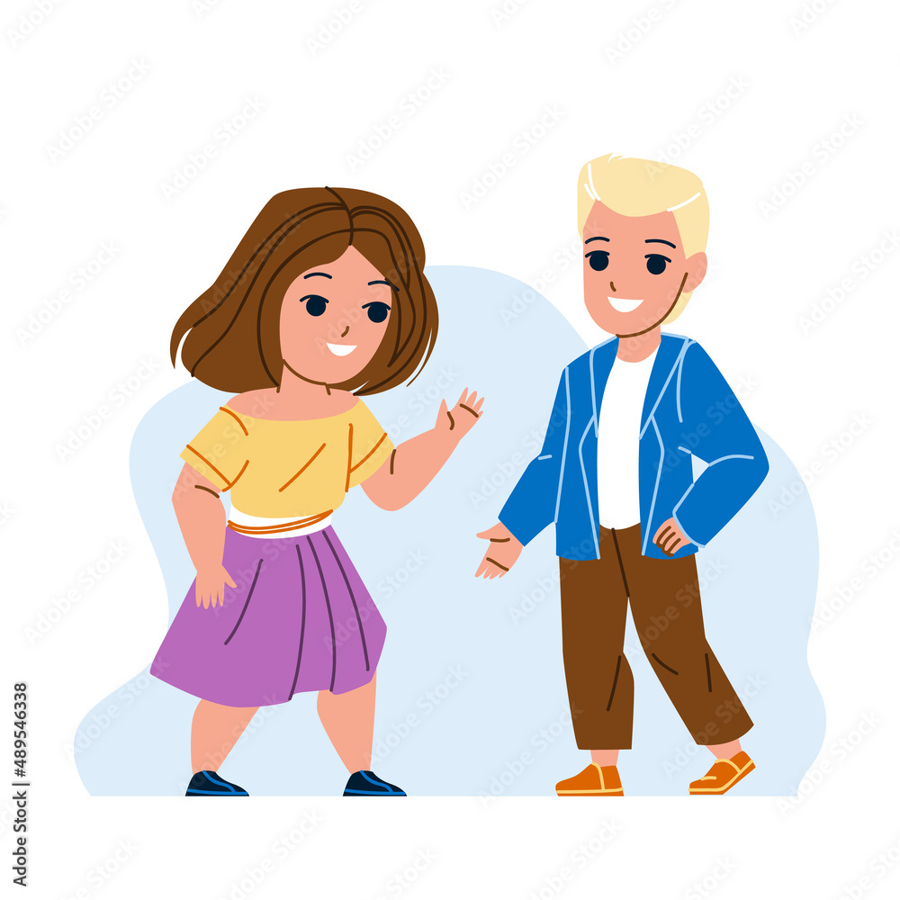 Boy And Girl Kids Talking In Kindergarten Vector. Happy Children Friends Talking Together On Playground. Preschooler Characters Communication And Friendship Flat Cartoon Illustration Boy And Girl Kids Talking In Kindergarten Vector. Happy Children Friends Talking Together On Playground. Preschooler Characters Communication And Friendship Flat Cartoon Illustration