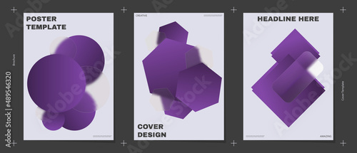 Purple geometric shapes, booklet layout bundle. Abstract poster A4 design vector template set.