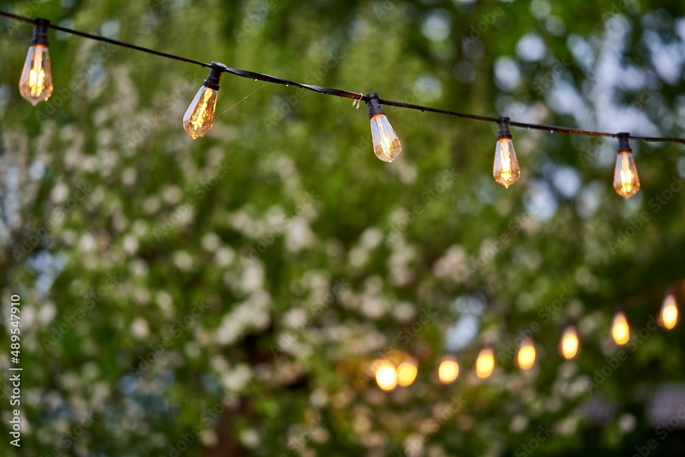 fashionable lamps in the garden shine in the evening during the event