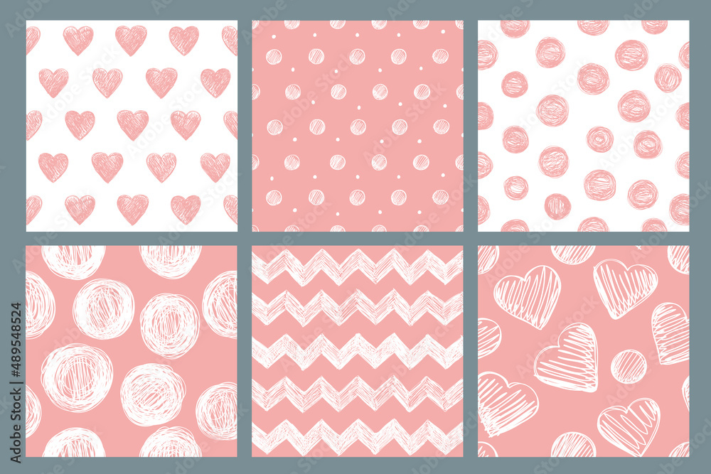 Set of seamless patterns with hearts, stripes, zigzag and polka dots in pink colors. Great for fabric, baby, Valentine's Day, scrapbook, surface textures.	