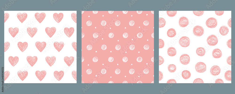 Set with 3 seamless patterns. Vector backgrounds with hearts, stripes and polka dots. Great for fabric, baby, Valentine's Day, scrapbook, surface textures.	
