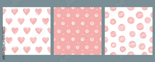 Set with 3 seamless patterns. Vector backgrounds with hearts, stripes and polka dots. Great for fabric, baby, Valentine's Day, scrapbook, surface textures. 