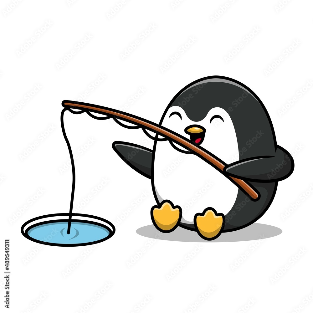 Cute Penguin Fishing Cartoon Vector Icon Illustration. Animal Nature