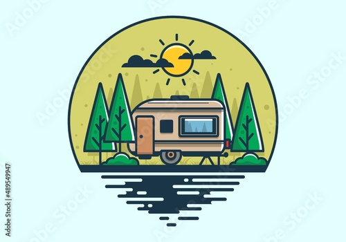 Campervan in the jungle flat illustration