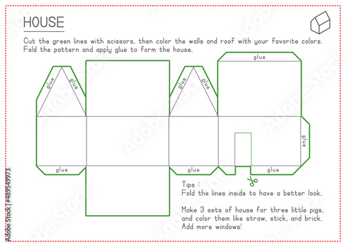 Children Learning Printable - Cutting, Coloring and Folding House