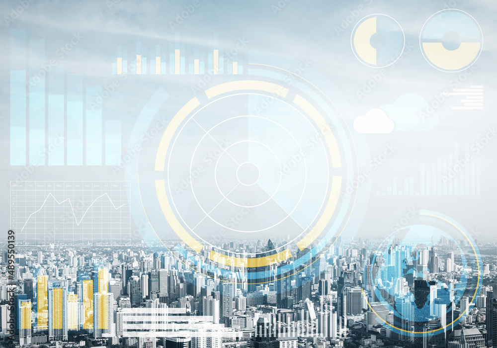 Obraz premium Double exposure business concept with graphics