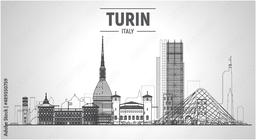 Turin, Italy skyline line skyline at white. Vector Illustration. Business travel and tourism concept with modern buildings. Image for banner or website