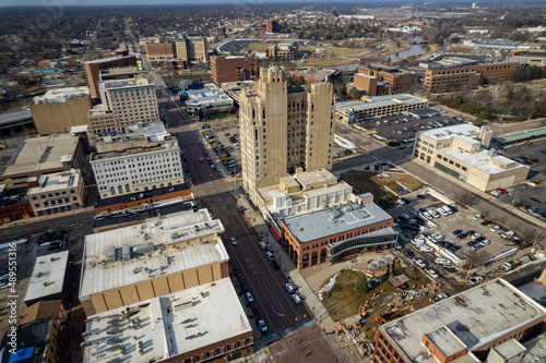 Aerial view from a drone of downtown Flint  Michigan