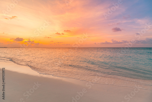 Sea sand sky beach closeup. Panoramic island landscape. Inspire tropical beach seascape shore horizon. Colorful sunset sky calmness tranquil relaxing sunlight summer coast. Vacation travel holiday