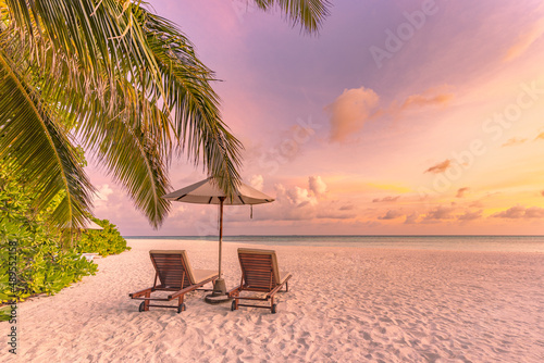 Perfect beach view. Summer holiday and vacation design. Inspirational tropical beach, palm trees and white sand. Tranquil scenery, relaxing beach, tropical landscape design. Moody landscape 