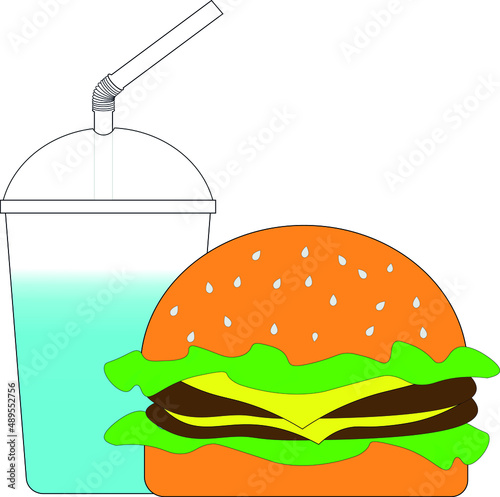 Beef burger and a cup of bubble gum drink