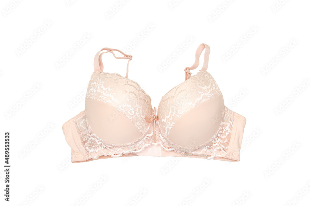 Woman elegant pink lace bra isolated on white. Stylish lingerie flat lay - obrazy, fototapety, plakaty 