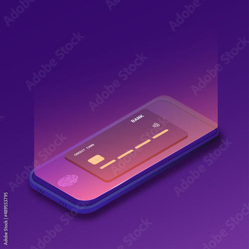 Contactless payments concept. Smart card on phone screen. Mobile e-wallet and payments via smartphone. Vector illustration.