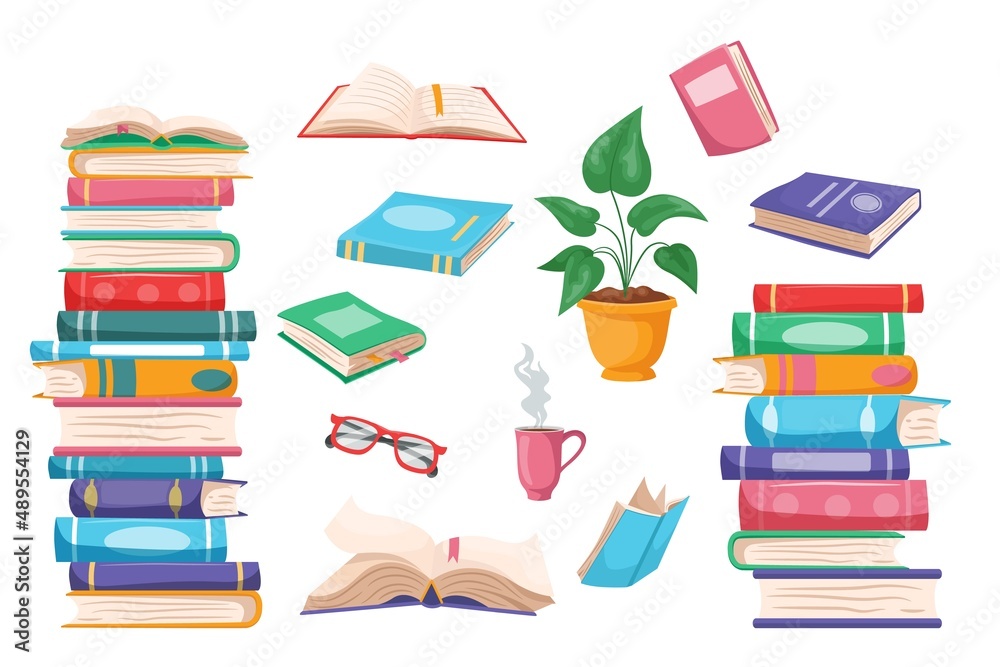 Stack of books. Cartoon pile of open and closed books, school education and home library concept. Vector isolated set Stack of books. Cartoon pile of open and closed books, school education and home library concept. Vector isolated set