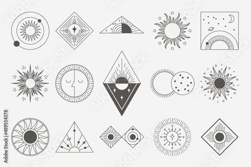Sun line logo. Abstract minimalistic emblems with mystic celestial Sun and Moon elements. Vector set