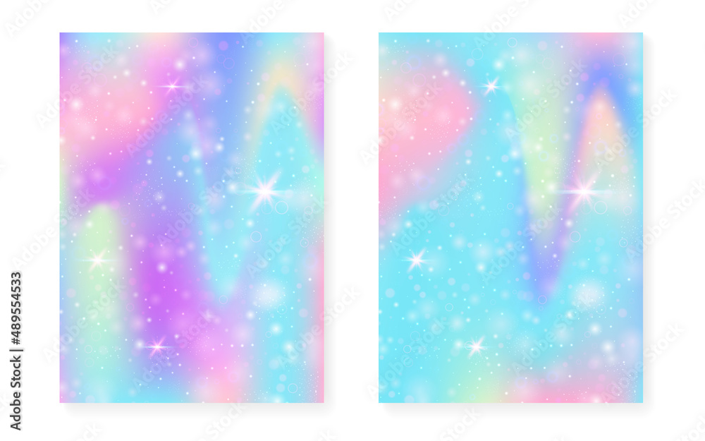 Magic background with princess rainbow gradient. Kawaii unicorn hologram.