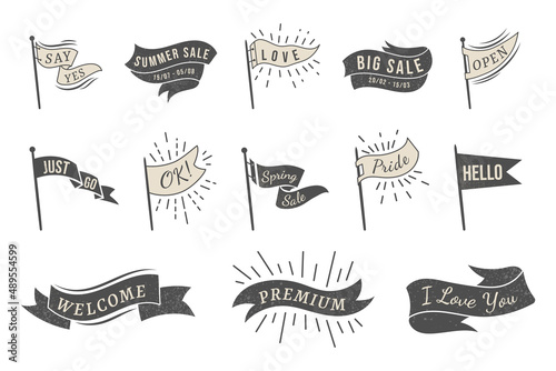 Ribbon banner. Retro flag label, minimal ribbon graphic badge. Vector old decorative emblem
