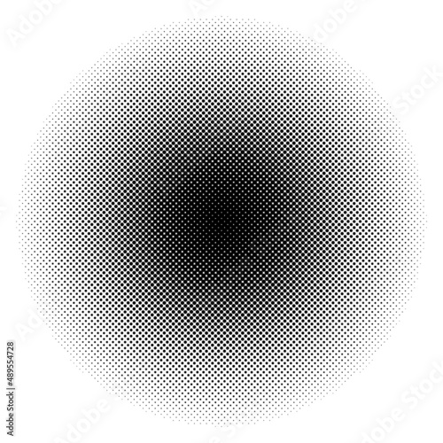 Halftone dot. Round faded pattern. Black circle isolated on white background. Design comic prints. Screentone dots. Radial points fadew gradation for overlay effect. Ring gradient. Vector illustration