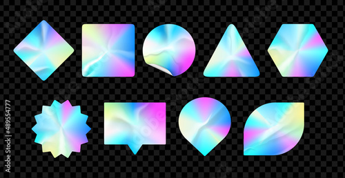 Holographic stickers. Realistic hologram labels , gradient sale neon shapes. Vector metal logo set