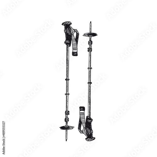 Trekking poles hand drawn black and white vector illustration.