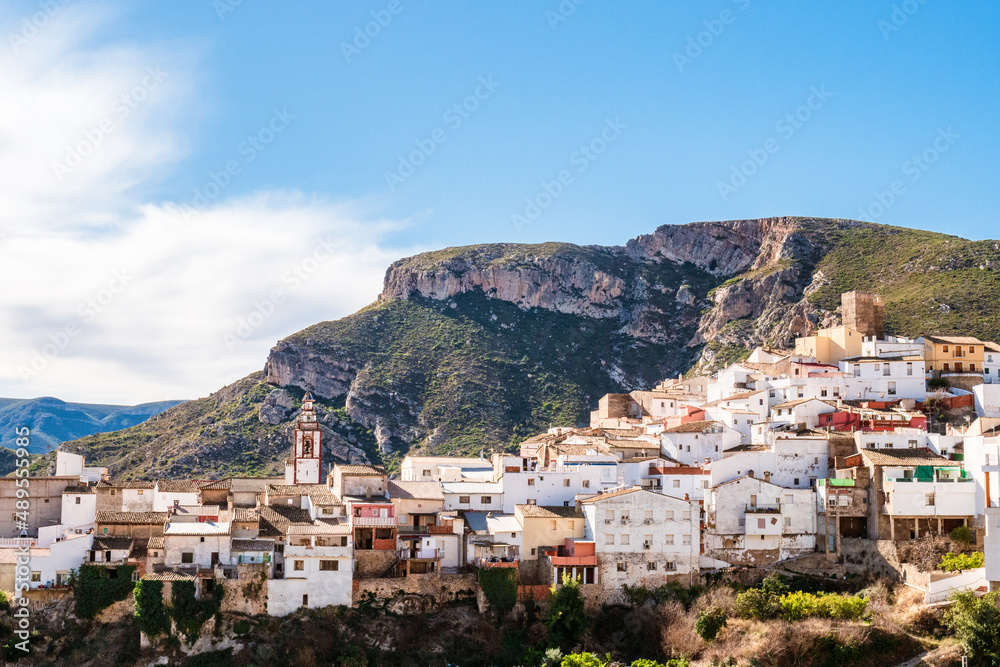 Panoramic view of a town in the mountains. Dos Aguas, Valencia, Spain