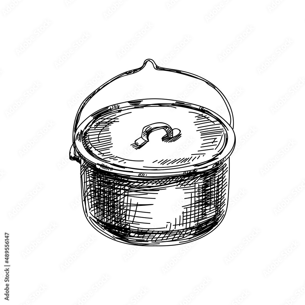 Camping pot hand drawn black and white vector illustration. Stock ...