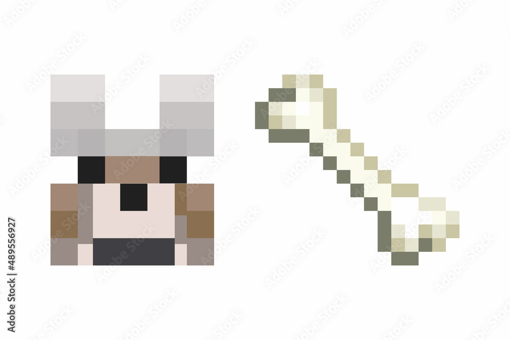 Pixel character template. Game hero concept. Dog and bone in pixel style. Dog avatar. Vector illustration EPS 10. Pixel character template. Game hero concept. Dog and bone in pixel style. Dog avatar. Vector illustration EPS 10.