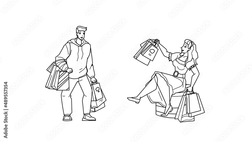 Shopping Offer And Discount For Clients Black Line Pencil Drawing Vector. Young Man And Woman Customers Making Purchases With Special Shopping Offer. Characters Store Seasonal Sales Illustration Shopping Offer And Discount For Clients Black Line Pencil Drawing Vector. Young Man And Woman Customers Making Purchases With Special Shopping Offer. Characters Store Seasonal Sales Illustration
