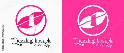 lipstick logo design with lips icon in a circle. premium vector makeup or lifestyle logo illustration