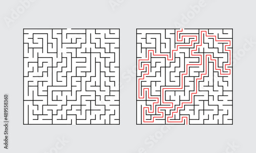 Abstract Square Maze With Solution For Adult Man And Woman. Find the Way Out to the Gift. Game For Children. Puzzle for Kids And Adult. Labyrinth Conundrum. Maze With Answer.