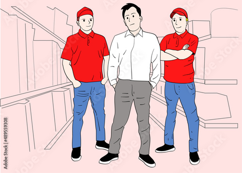 Warehouse manager standing with his men. Hand drawn style vector design illustrations.