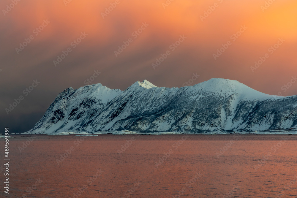 coastline on Senja island in Norway on a clear cold winter day
