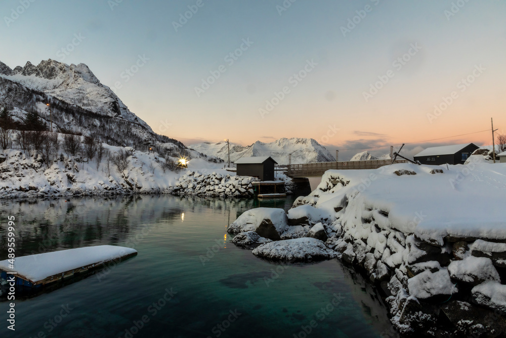 village Hamn on Senja island in Norway on a clear cold winter day