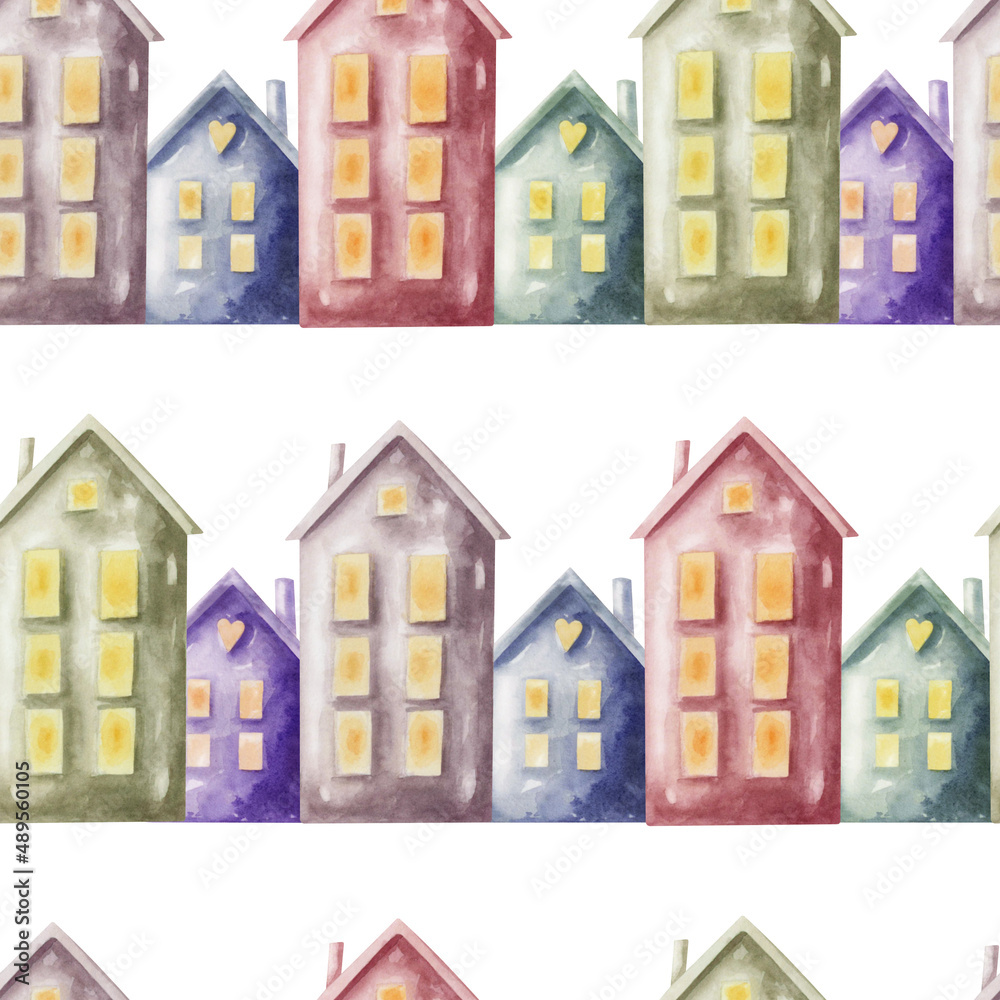 Watercolor seamless pattern with colorful houses isolated on a white background.